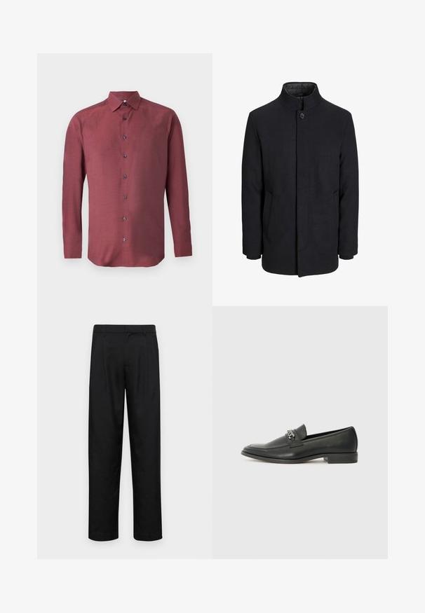 Herren schwarzer Wollmantel mit hohem Kragen, verdecktem Reißverschluss, einreihigem Knopfverschluss und Seitentaschen.; Langarm-Button-Down-Hemd aus burgunderfarbenem Stoff mit strukturiertem Muster und dunkelblauen Knöpfen; verfügt über einen spitzen Kragen und einen geraden Saum.; Schwarze Hose aus glattem Stoff, mit geradem Bein Design, zwei vorderen Falten und einem Standardbund mit Gürtelschlaufen.; Schwarzer Lederloafer mit glatter Oberfläche, ausgestattet mit einer gesteppten Gestaltung und einem dekorativen Metallkettendetail über dem Vorderblatt. Flacher Absatz.