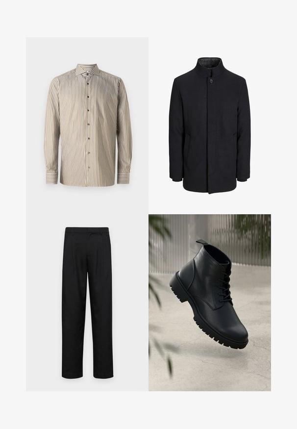 Herre sort uldfrakke med høj krave, skjult lynlås, enkelt knaplukning og sidelommer.; Stribet skjorte i brunt og hvidt, lange ærmer, klassisk krave, har lodrette striber og kontrasterende detaljering ved ærmerne.; Sorte bukser lavet af glat stof, med et lige ben-design, to frontfolder og en standard talje med bæltestropper.; Sorte læder ankelstøvler med rund tå, snørebåndsdesign og robust gummisål. Glat tekstur med en løkke bagpå.