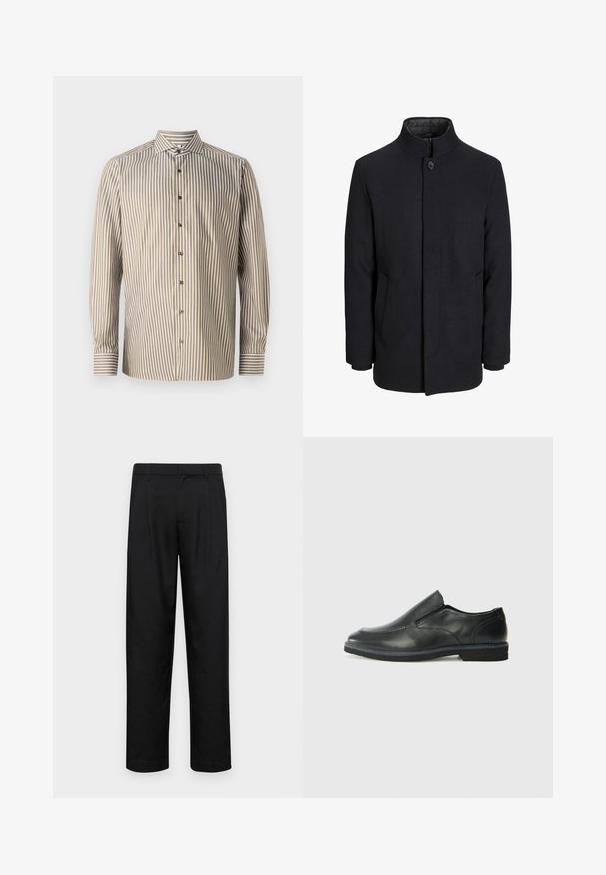Męski czarny wełniany płaszcz z wysokim kołnierzem, ukrytym zamek błyskawicznym, zapięciem na jeden guzik oraz bocznymi kieszeniami.; Koszulka zapinana na guziki w paski w odcieniach brązowym i białym, z długimi rękawami i klasycznym kołnierzykiem, posiada pionowe paski i kontrastowe wykończenia mankietów.; Czarne spodnie wykonane z gładkiego materiału, z prostą nogawką, dwoma fałdami z przodu oraz standardowym paskiem z wypustkami na pasek.; Czarne skórzane buty wsuwane z gładką cholewką, przeszyciami, okrągłym noskiem i niskim gumowym obcasem. Podeszwa ma minimalny bieżnik.