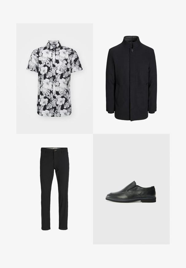 Men's black wool coat with high collar, concealed zipper, single button closure, and side pockets.; Short-sleeve shirt featuring a black background with bold white floral and leaf patterns, collared design, and a straight hem.; Black cotton blend pants with a slim fit, featuring a button closure, pockets, and rolled cuffs for a casual finish.; Black leather slip-on shoe with a smooth upper, stitched accents, rounded toe, and a low rubber heel. Sole features minimal tread.