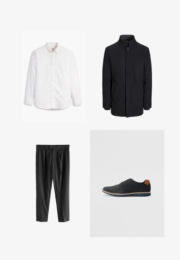 Vīriešu melns vilnas mētelis ar augstu apkakli, slēptu rāvējslēdžu, vienu pogu aizdari un sānu kabatām.; Baltas koka pogca kreklas ar garām piedurknēm. Iezīmē klasisku apkakli, pogu aizdari un vieglu tekstūru ar gausu logotipu uz krūtīm.; Next REGULAR FIT -CHECK SMART - Chinos tipa bikses - black; Melni sintētiskie apavi ar struktūru augšdaļā, gludu akcentu, brūnu papēdi un kontrastējošu zoli. Iezīmē minimālu šņorēšanu un šuvju detaļas.