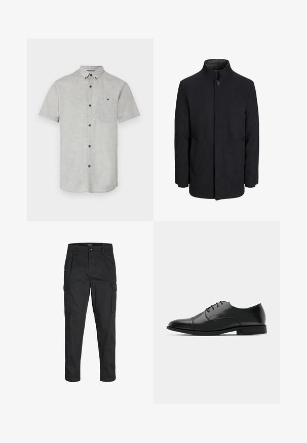 Meeste must villane mantel kõrge kraega, peidetud tõmblukk, ühe nööbiga kinnitamine ja küljetaskud.; Lühikeste varrukatega nööbita särgid heledast hallist kangast, millel on rinnaesine tasku ja tumedad nööbid kontrasti loomiseks. Sile tekstuur, millel on peene muster.; Mustad mustapõlvik, mis on valmistatud tugeva koe kasutades, sisaldab mitmeid taskuid, nupule kinnitatav sulgemine ja kitsenev disain.; Must must esine tugeva varbaga, luku kinnitusega, peente õmblustete detailidega ja madala kontsaga. Sile tekstuur ja poleeritud viimistlus.