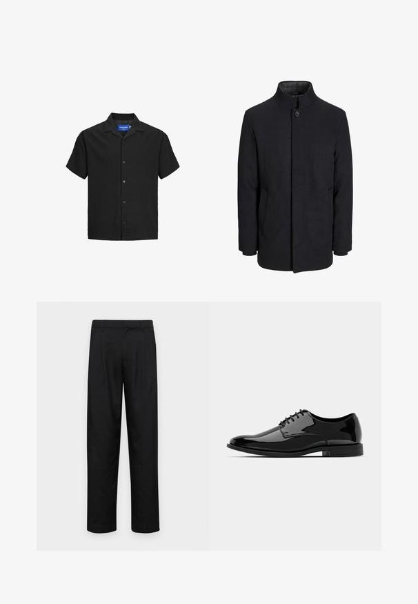 Pánsky čierny vlnový kabát s vysokým golierom, skrytým zipsom, jedným gombíkom a bočnými vreckami.; Čierna krátkopytová košeľa s golierom, vyrobená z textúrovanej tkaniny, s predným zapínaním na gombíky a rovný dolný lem. Logo nášivka vo vnútri goliera.; Čierne nohavice vyrobené z hladkej tkaniny, s rovnými nohavicami, dvoma prednými skladmi a štandardným pásom s pútkami na opasok.; Čierne lakované kožené topánky s okrúhlou špičkou, šnurovací dizajn a hladký, lesklý povrch. Obsahujú nízky gumový podrážku.