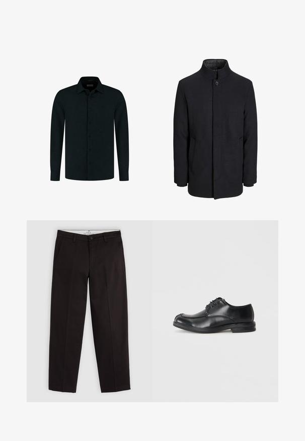 Abrigo de lana negro para hombre con cuello alto, cremallera oculta, cierre de un botón y bolsillos laterales.; Camisa negra de manga larga con botones y cuello, que presenta un logotipo bordado sutil en el lado izquierdo del pecho y puños abotonados.; Chinos negros de pierna recta con trabillas para cinturón, cierre de botón y bolsillos laterales, exhibidos sobre un fondo gris claro.; Zapatos de cuero negro con cordones y puntera redondeada, de textura suave y tacón bajo. Presentan detalles de costura a lo largo de la parte superior y los lados.