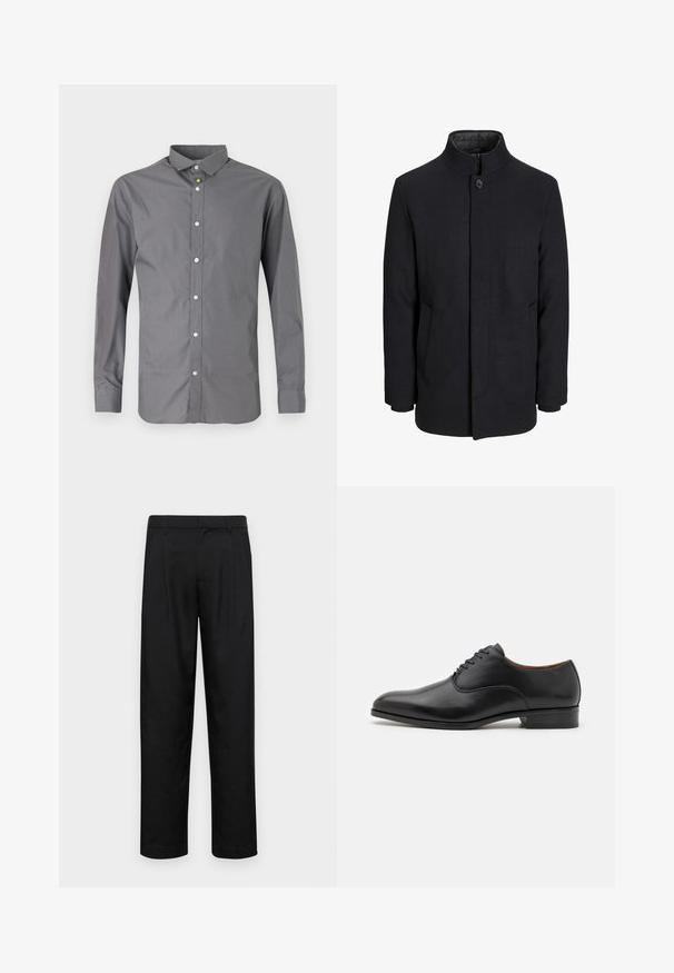 Men's black wool coat with high collar, concealed zipper, single button closure, and side pockets.; Gray long-sleeve shirt made of cotton blend, featuring a classic collar, button front, and shiny white buttons along the placket.; Black trousers made of smooth fabric, featuring a straight-leg design, two front pleats, and standard waistband with belt loops.; Black leather dress shoe with a smooth finish, pointed toe, and six eyelet lace-up design, featuring a low heel and subtle stitching accents.