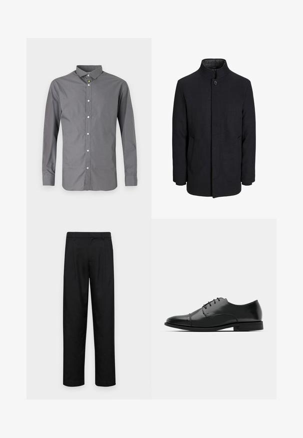 Moška črna volnena jakna z višjim ovratnikom, skritim zadrgo, enojnim gumbom za zapiranje in stranskimi žepi.; Siva dolgi rokav majica iz mešanice bombaža, z klasičnim ovratnikom, gumbom spredaj in sijočimi belimi gumbi ob zapenjanju.; Črne hlače iz gladkega materiala, s krojem ravne noge, dvema sprednjima pregiboma in standardnim pasom z zankami za pas.; Črne usnjene moške čevlje z zaobljenim nosom, s sistemom vezalk, diskretnimi šivi in nizkih petah. Gladka tekstura s sijočim zaključkom.