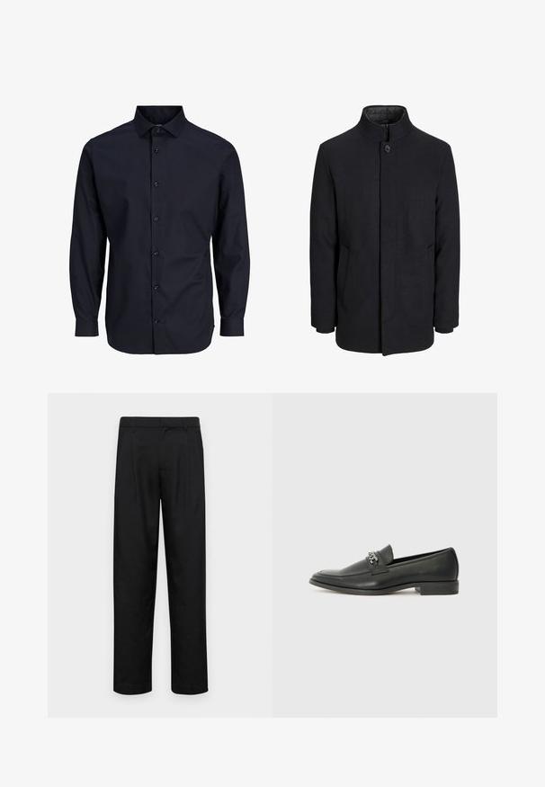 Zwart wollen mannenjas met hoge kraag, verborgen rits, sluiting met één knop en zijzakken.; Navy blauwe blouse met lange mouwen, standaard kraag, voorste sluiting, gladde textuur en knoopsluiting bij de manchetten.; Zwarte broeken van gladde stof, met een recht model, twee voorknikken en een standaard tailleband met riemlussen.; Zwarte leren instapper met een gladde afwerking, voorzien van een gestikt ontwerp en een decoratieve metalen kettingaccent over de wreef. Platte hak.