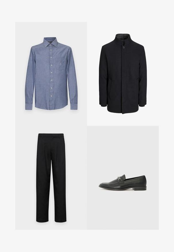 Vyriškas juodas vilnonis paltas su aukštu apykakle, užslėptu užtrauktuku, vienu užsegimu ir šoninėmis kišenėmis.; Šviesiai mėlyna medvilninė marškinėlių palaidinė su ilgomis rankovėmis, krūtinės kišenėle ir subtiliu siuvinėjimo dizainu ant kišenės.; Juodi kelnių modeliai, pagaminti iš lygios medžiagos, turi tiesią kojas, du priekiniai klostės ir standartinę juosmenį su diržo kilpomis.; Juodos odinės loafer tipo bateliai su lygiu paviršiumi, turintys siuvinėtą dizainą ir dekoratyvų metalo grandinėlės akcentą ant batų viršaus. Plokščias kulnas.