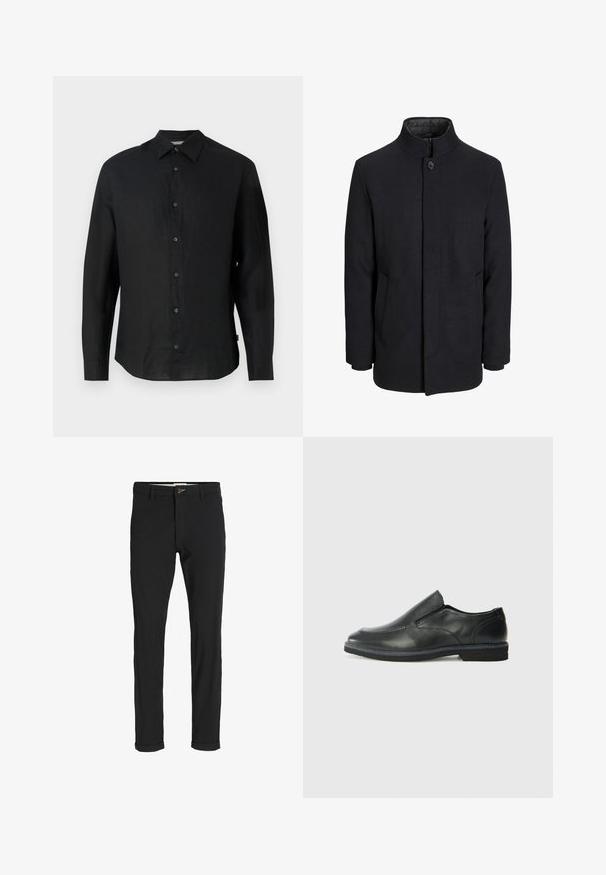 Herre sort uldfrakke med høj krave, skjult lynlås, enkelt knaplukning og sidelommer.; Sort, langærmet skjorte lavet af letvægtslin. Har en spids krave, knaplukning foran og en lige søm. Blød tekstur.; Sorte bomuldsblandede bukser med slim fit, der har en knaplukning, lommer og opbrugte stumper for et afslappet udtryk.; Sorte læder slip-on sko med en glat overdel, syede detaljer, rund tå og en lav gummihæl. Sålen har minimal profil.