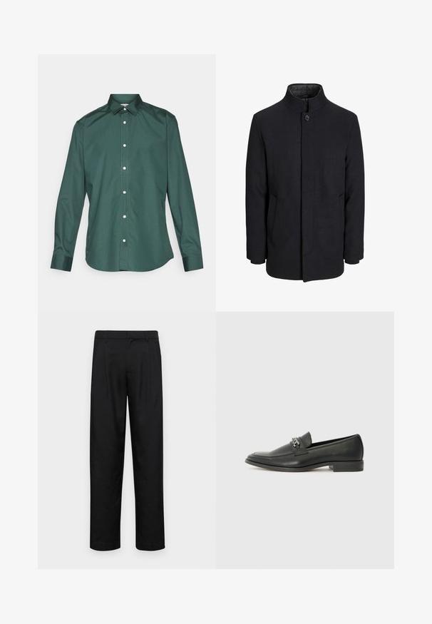 Zwart wollen mannenjas met hoge kraag, verborgen rits, sluiting met één knop en zijzakken.; Groen button-up shirt gemaakt van gladde stof, met een klassieke kraag, lange mouwen en witte knopen aan de voorkant. Geen patronen.; Zwarte broeken van gladde stof, met een recht model, twee voorknikken en een standaard tailleband met riemlussen.; Zwarte leren instapper met een gladde afwerking, voorzien van een gestikt ontwerp en een decoratieve metalen kettingaccent over de wreef. Platte hak.