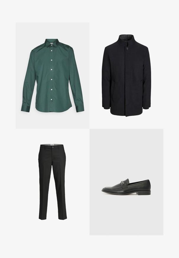 Herren schwarzer Wollmantel mit hohem Kragen, verdecktem Reißverschluss, einreihigem Knopfverschluss und Seitentaschen.; Grüne Hemdbluse aus glattem Stoff, mit klassischem Kragen, langen Ärmeln und weißen Knöpfen entlang der Vorderseite. Keine Muster.; Schwarze Hosen, taillierte Passform, glattes Material, mittelhoher Bund, vorderer Knopfverschluss, schräge Taschen und Bügelfalten entlang der Beine.; Schwarzer Lederloafer mit glatter Oberfläche, ausgestattet mit einer gesteppten Gestaltung und einem dekorativen Metallkettendetail über dem Vorderblatt. Flacher Absatz.