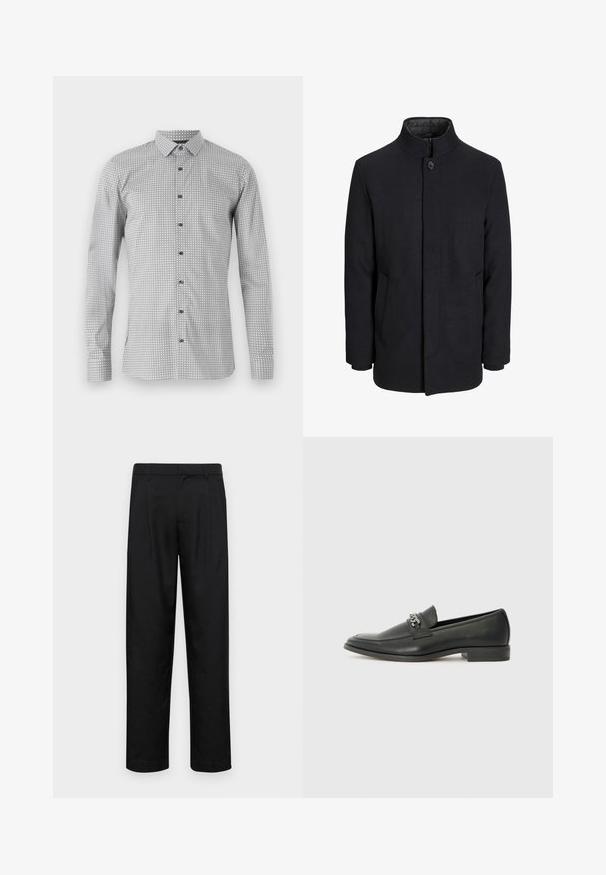 Vyriškas juodas vilnonis paltas su aukštu apykakle, užslėptu užtrauktuku, vienu užsegimu ir šoninėmis kišenėmis.; Ilga rankovė marškiniai balta ir juoda su geometriniu raštu, su sagomis priekyje ir klasikiniu apykakle. Lengvas audinys su lygiu paviršiumi.; Juodi kelnių modeliai, pagaminti iš lygios medžiagos, turi tiesią kojas, du priekiniai klostės ir standartinę juosmenį su diržo kilpomis.; Juodos odinės loafer tipo bateliai su lygiu paviršiumi, turintys siuvinėtą dizainą ir dekoratyvų metalo grandinėlės akcentą ant batų viršaus. Plokščias kulnas.