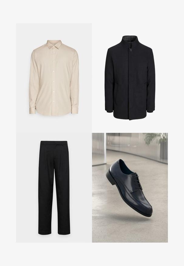 Férfi fekete gyapjú kabát magas gallérral, rejtett cipzárral, egy gombos záródással és oldalzsebekkel.; Beige, hosszú ujjas, gombos ing, gallérral, egyenes fazonnal és sima textúrával. A mellen fehér gombok találhatók.; Fekete nadrág sima anyagból, egyenes szárú fazonnal, két elülső redővel és közönséges derékkal, övhurkokkal.; Fényes fekete bőrcipő fűzőkkel, lebeg egy sima, világosszürke padló felett, háttérben függő fémboltokkal.