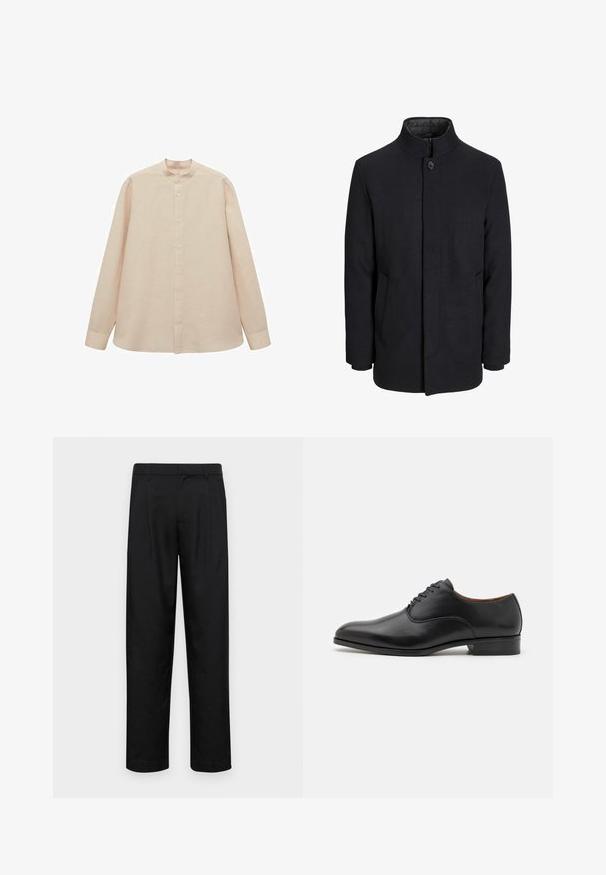 Męski czarny wełniany płaszcz z wysokim kołnierzem, ukrytym zamek błyskawicznym, zapięciem na jeden guzik oraz bocznymi kieszeniami.; Jasno beżowa koszula z długim rękawem, z kołnierzykiem typu band, zapinana na guziki, o prostym kroju. Miękka tekstura tkaniny, luźny fason i brak widocznych wzorów.; Czarne spodnie wykonane z gładkiego materiału, z prostą nogawką, dwoma fałdami z przodu oraz standardowym paskiem z wypustkami na pasek.; Czarne skórzane buty do dress code'u o gładkim wykończeniu, spiczastym nosku i sznurowaniu na sześć oczek, z niskim obcasem i subtelnymi detalami w szwie.