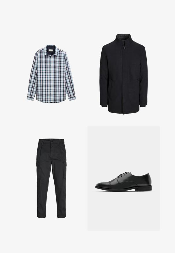 Moška črna volnena jakna z višjim ovratnikom, skritim zadrgo, enojnim gumbom za zapiranje in stranskimi žepi.; Srajca s dolgimi rokavi v karirastem vzorcu, ki vključuje modro, belo in burgundsko barvo. Narejena iz lahke tkanine z ovratnikom na gumb in gumbi spredaj.; Črne cargo hlače iz trdnega blaga, ki imajo več žepov, gumbasto zapiranje in ozek kroj z zožanimi nogami.; Črne usnjene moške čevlje z zaobljenim nosom, s sistemom vezalk, diskretnimi šivi in nizkih petah. Gladka tekstura s sijočim zaključkom.
