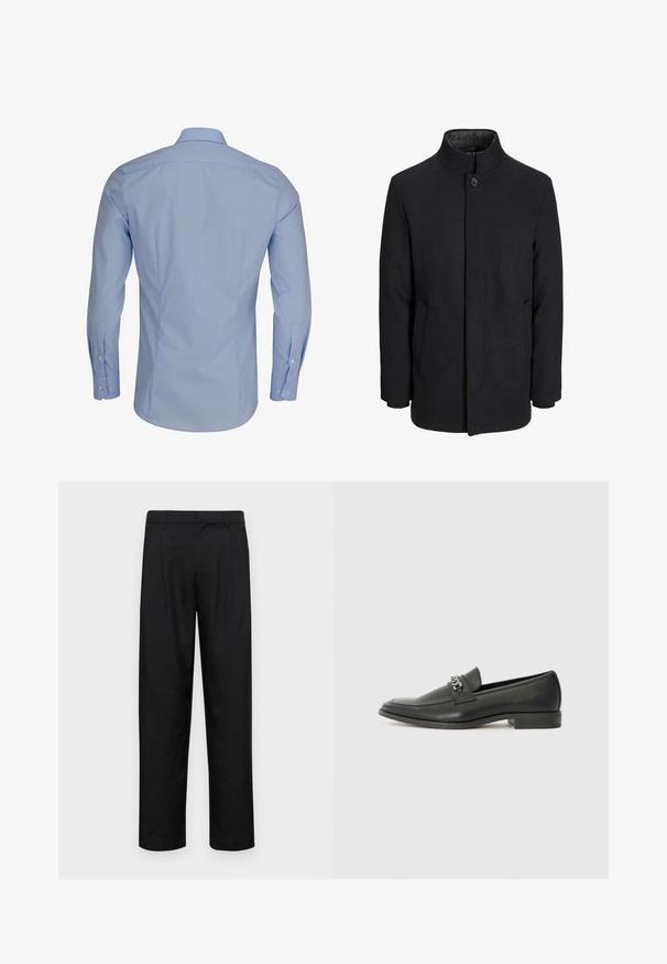 Férfi fekete gyapjú kabát magas gallérral, rejtett cipzárral, egy gombos záródással és oldalzsebekkel.; Világoskék, hosszú ujjú ing gombos gallérral, sima textúrával és karcsú fazonnal, fehér gomb részletekkel.; Fekete nadrág sima anyagból, egyenes szárú fazonnal, két elülső redővel és közönséges derékkal, övhurkokkal.; Fekete bőr loaferek sima felülettel, varrott mintával és díszítő fém lánccal a cipő elején. Lapos sarok.