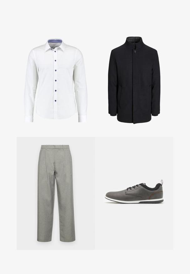 Manteau en laine noir pour homme avec col haut, fermeture éclair dissimulée, fermeture à un bouton et poches latérales.; Chemise blanche à manches longues avec un col à boutons, dotée de boutons d'accent bleus et d'un motif à carreaux bleus à l'intérieur du col.; Pantalons gris sur mesure en tissu texturé, avec une coupe droite, des plis avant et une taille standard avec passants de ceinture.; Chaussures en cuir gris avec accents noirs, présentant un bout arrondi, un design à lacets, une semelle blanche et une petite languette à l'arrière.
