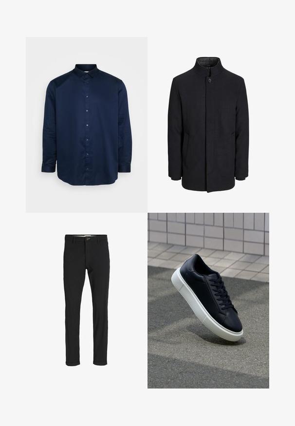 Svart ullrock för män med hög krage, dold dragkedja, singel knappstängning och sidofickor.; Mörkblå skjorta med knappar, gjord av slätt tyg, med klassisk krage, långa ärmar och framtida knappslå med matchande knappar.; Svarta bomullsblandade byxor med en smal passform, med knappstängning, fickor och uppvikta fållar för en avslappnad stil.; Svart lädersneaker med rundad tå och vit gummisula. Har platta snören och minimal sömnad på ovansidan. Texturerad sula för grepp.