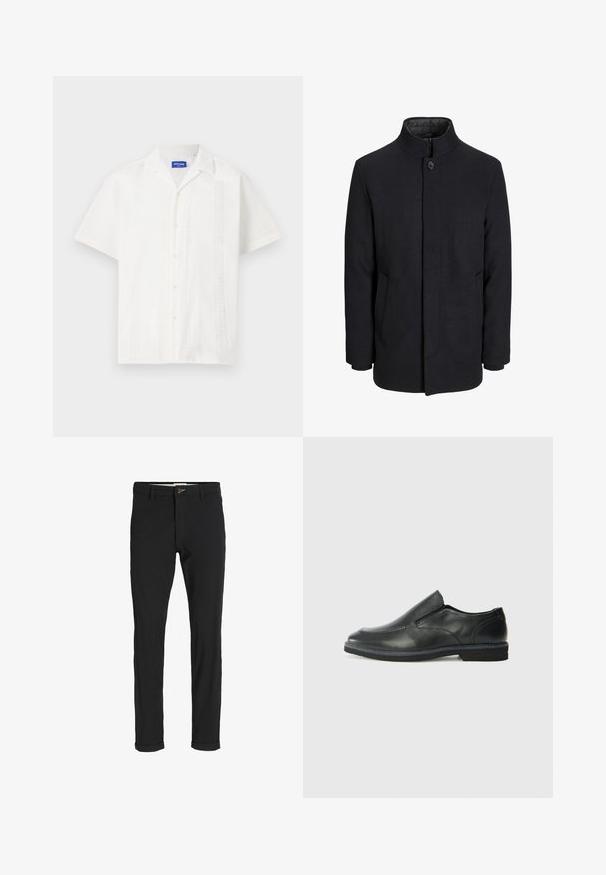 Men's svart ullfrakk med høy krage, skjult glidelås, en knapp lukking og sidelommer.; Hvit kortermet skjorte med knappelukking, med intrikate mønstre langs fronten og en klassisk kragedesign.; Svart bomullsblandingsbukser med smal passform, med knappelukking, lommer og rullede mansjetter for en avslappet finish.; Sorte skinn slip-on sko med en jevn overflate, stikking detaljer, rund tå og en lav gummihæl. Sålen har minimal mønstring.