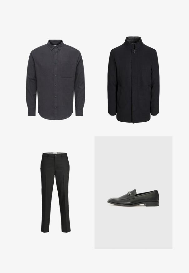 Men's black wool coat with high collar, concealed zipper, single button closure, and side pockets.; Dark gray button-up shirt made of textured fabric, featuring a pointed collar, long sleeves, and a single left chest pocket.; Black trousers, tailored fit, smooth fabric, mid-rise waist, front button closure, diagonal pockets, and crease detailing down the legs.; Black leather loafer with a smooth finish, featuring a stitched design and a decorative metal chain accent across the vamp. Flat heel.