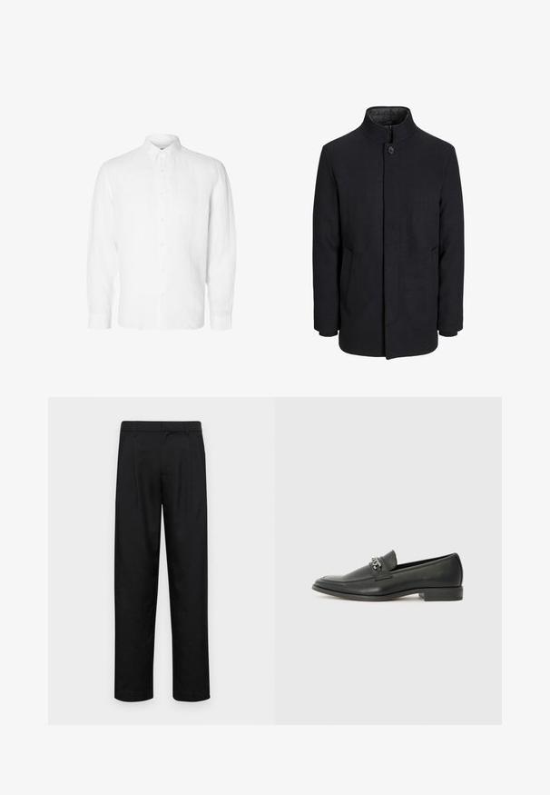 Moška črna volnena jakna z višjim ovratnikom, skritim zadrgo, enojnim gumbom za zapiranje in stranskimi žepi.; Bela srajca z dolgimi rokavi, izdelana iz lanu, z ovratnikom na gumbe, sprednjimi gumbi in sproščenim krojem z ravnimi zapenjali.; Črne hlače iz gladkega materiala, s krojem ravne noge, dvema sprednjima pregiboma in standardnim pasom z zankami za pas.; Črni usnjeni loafer z gladko površino, ki ima šivano zasnovo in dekorativni kovinski verižni naglas preko vampirja. Ravno peto.
