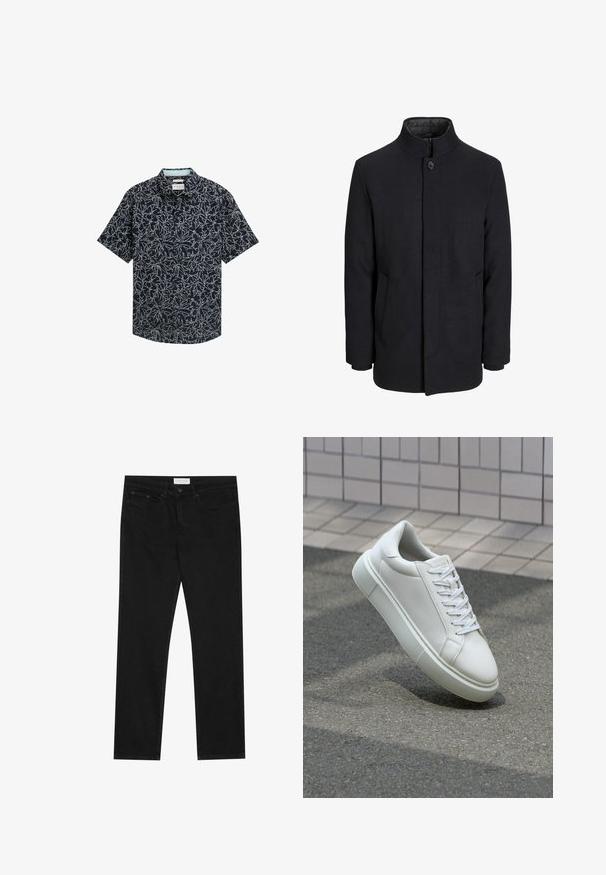 Cappotto da uomo in lana nera con colletto alto, zip nascosta, chiusura a un bottone e tasche laterali.; Camicia a maniche corte con bottoni in tessuto blu navy, caratterizzata da un motivo floreale bianco, colletto casual e orlo dritto con due bottoni.; Jeans neri a gamba dritta con design a cinque tasche, chiusura con bottone e zip, e etichetta del marchio Pier One sulla cintura.; Sneaker bianco in pelle con superficie liscia, punta rotonda e lacci piatti bianchi. Presenta una suola in gomma texturizzata e un design minimale.