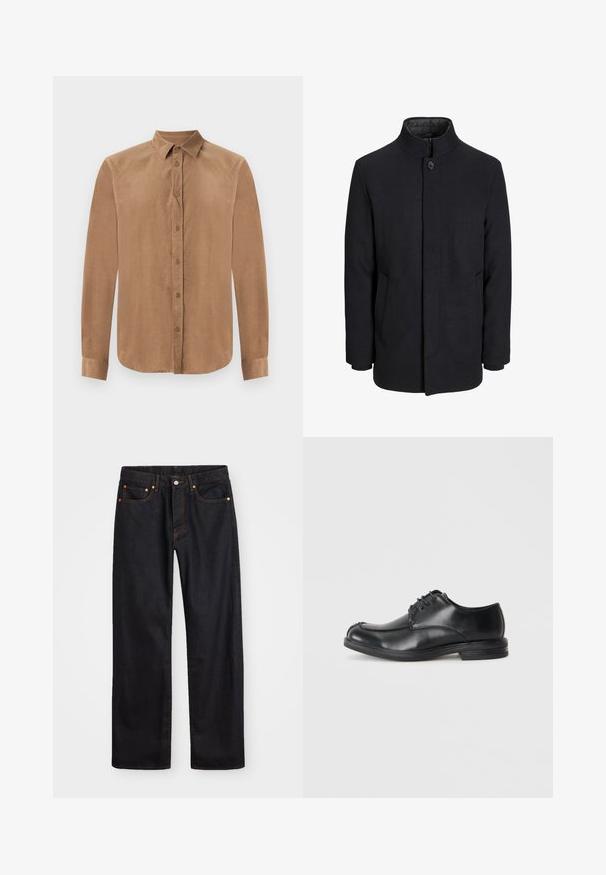 Miestenský čierny vlnený kabát s vysokým golierom, skrytým zipsom, jedným gombíkom na zapínanie a bočnými vreckami.; Ruskea, pitkähihaisen nappikauluksen paita pehmeästä kankaasta, jossa on klassinen kaulus ja etunappilukko. Sujuva rakenne suoran leikkauksen kanssa.; Miestne čierne rovné džínsy so štyrmi vreckami a oranžovým šitím, zapínanie na gombík a zips na prednom pásku.; Mustat nahkaiset nauhakenkä, joissa on pyöreä varvaskärki, sileä pinta ja matala kanta. Yksityiskohtana ompelut yhdessä yläosan ja sivujen kanssa.