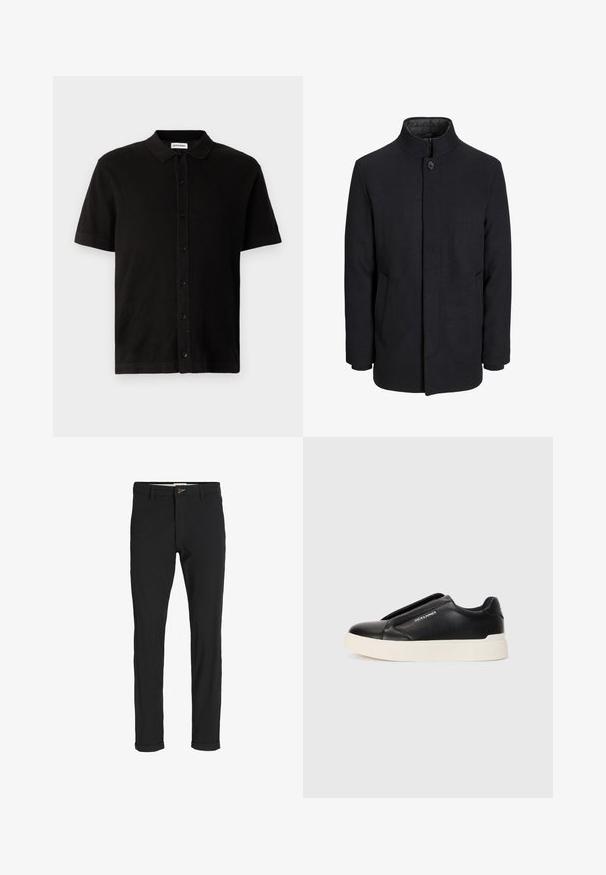 Men's svart ullfrakk med høy krage, skjult glidelås, en knapp lukking og sidelommer.; Svart kortermet polo skjorte laget av teksturert stoff med knappelukking foran og klassisk krage. Har rett fald.; Svart bomullsblandingsbukser med smal passform, med knappelukking, lommer og rullede mansjetter for en avslappet finish.; Sorte slip-on joggesko med teksturert læroverdel, hvit gummisåle og ingen synlige snører. Har merkevarelogo på siden.