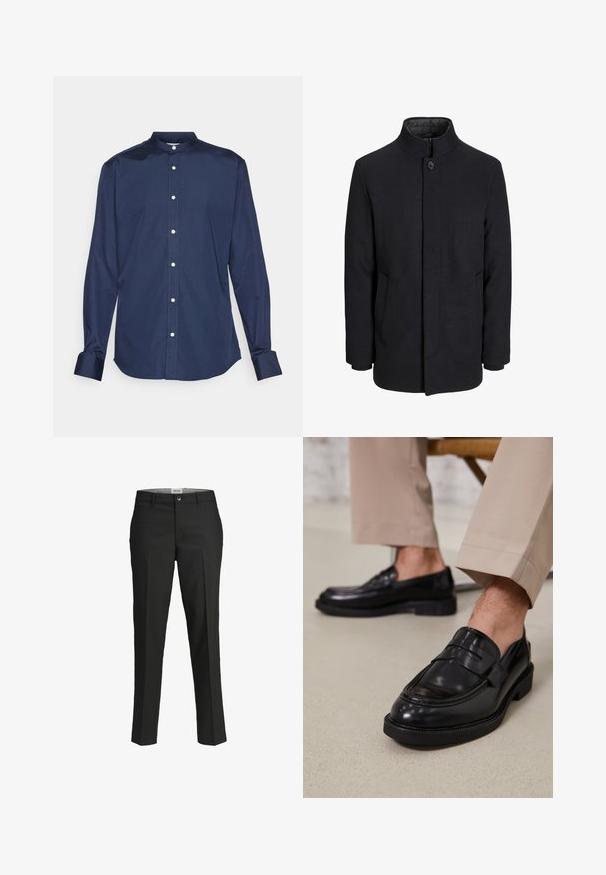 Pánský černý vlněný kabát s vysokým límcem, skrytým zipem, zapínáním na jeden knoflík a bočními kapsami.; Námořnická modrá košile s dlouhým rukávem a vysokým límcem, s knopovým zapínáním vpředu, texturovanou látkou a manžetami s kontrastním stehem.; Černé kalhoty, s přiléhavým střihem, hladká tkanina, střední pas, přední zapínání na knoflík, šikmé kapsy a záhyby podél nohavic.; Černé kožené loafers s hladkým povrchem, zdobené páskem a kontrastním prošíváním, spárované s béžovými kalhotami.