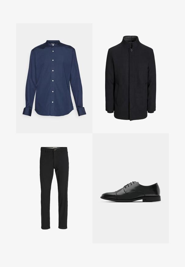 Moška črna volnena jakna z višjim ovratnikom, skritim zadrgo, enojnim gumbom za zapiranje in stranskimi žepi.; Mornarsko modra srajca z dolgimi rokavi in mandarin ovratnikom, z gumbom spredaj, teksturirano tkanino in manšetami s kontrastnim šivanjem.; Črne bombažne hlače iz mešanice tkanin, ožjega kroja, z gumbom za zapiranje, žepi in zavihanimi robovi za sproščen videz.; Črne usnjene moške čevlje z zaobljenim nosom, s sistemom vezalk, diskretnimi šivi in nizkih petah. Gladka tekstura s sijočim zaključkom.
