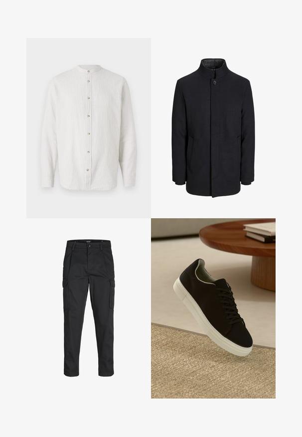 Abrigo de lana negro para hombre con cuello alto, cremallera oculta, cierre de un botón y bolsillos laterales.; Camisa de botón a rayas en color crema claro y sutil beige, con cuello de pie, mangas largas y botones redondos en la parte frontal.; Pantalones cargo negros hechos de tela resistente, que cuentan con múltiples bolsillos, un cierre de botón y un diseño de corte slim con piernas ajustadas.; Zapatilla negra con suela blanca flotando sobre una alfombra texturizada beige cerca de una mesa redonda de madera con libros apilados.