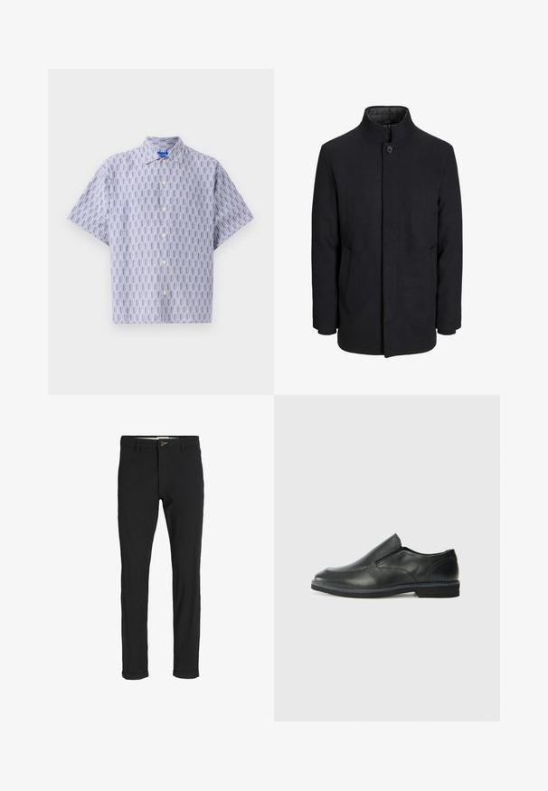 Men's svart ullfrakk med høy krage, skjult glidelås, en knapp lukking og sidelommer.; Kortermet skjorte med knapper i lys blå med et mørkeblått geometrisk mønster. Har krage og en avslappet passform. Laget av lett stoff.; Svart bomullsblandingsbukser med smal passform, med knappelukking, lommer og rullede mansjetter for en avslappet finish.; Sorte skinn slip-on sko med en jevn overflate, stikking detaljer, rund tå og en lav gummihæl. Sålen har minimal mønstring.