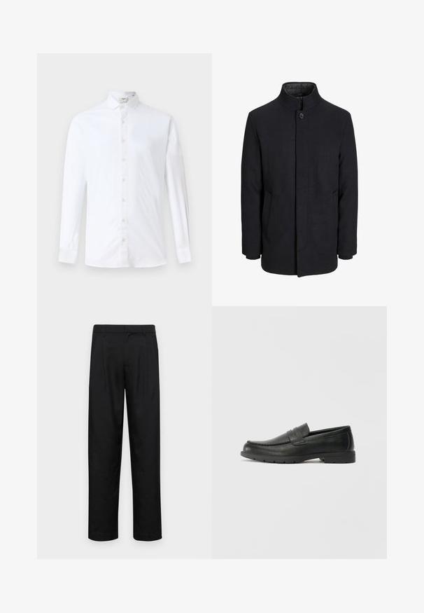 Herren schwarzer Wollmantel mit hohem Kragen, verdecktem Reißverschluss, einreihigem Knopfverschluss und Seitentaschen.; Weißes Langarm-Hemd mit Knöpfen aus Baumwolle, klassischem Kragen, geradem Schnitt und glatter Textur mit passenden Knöpfen.; Schwarze Hose aus glattem Stoff, mit geradem Bein Design, zwei vorderen Falten und einem Standardbund mit Gürtelschlaufen.; Schwarze Lederloafers mit glatter Oberfläche, Mokassin-oberteil, genähten Details und Gummisohle. Klassisches Design mit niedrigem Absatz.