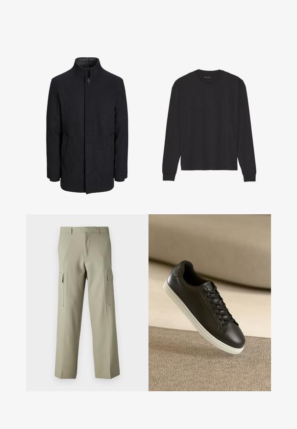 Herre sort uldfrakke med høj krave, skjult lynlås, enkelt knaplukning og sidelommer.; Sort langærmet t-shirt lavet af blød bomuld. Har en rund halsudskæring og ribbede manchetter, med en afslappet pasform og ingen mønstre eller grafik.; Lysgrønne cargo-bukser med lige ben, der har sidelommer og en glat stofoverflade. Bagsiden vises.; Sort lædersneaker med hvid gummisål og sorte snørebånd, placeret mod en beige stofoverflade og baggrund.