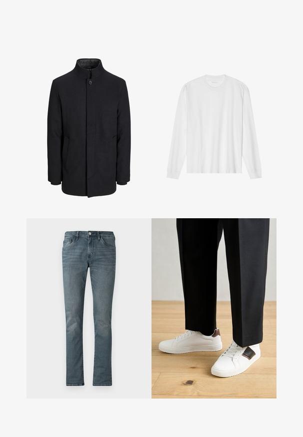 Muški crni vuneni kaput s visokim ovratnikom, skrivenim patentnim zatvaračem, jednim gumbom za zatvaranje i bočnim džepovima.; Dugi rukavi bijela pamučna majica s okruglim izrezom i rebrastim manžetama. Jednostavan, neukrašen dizajn, s glatkom teksturom i standardnim krojem.; Muške plave traperice sa uskim krojem, koje imaju pet džepova, kopčanje na dugme i suptilan izblijedjeli izgled.; Bijele tenisice s glatkom teksturom, s smešnim kožnim detaljima i crnim naglascima, u kombinaciji s crnim krojenim hlačama. Pozadina od drvenog poda.