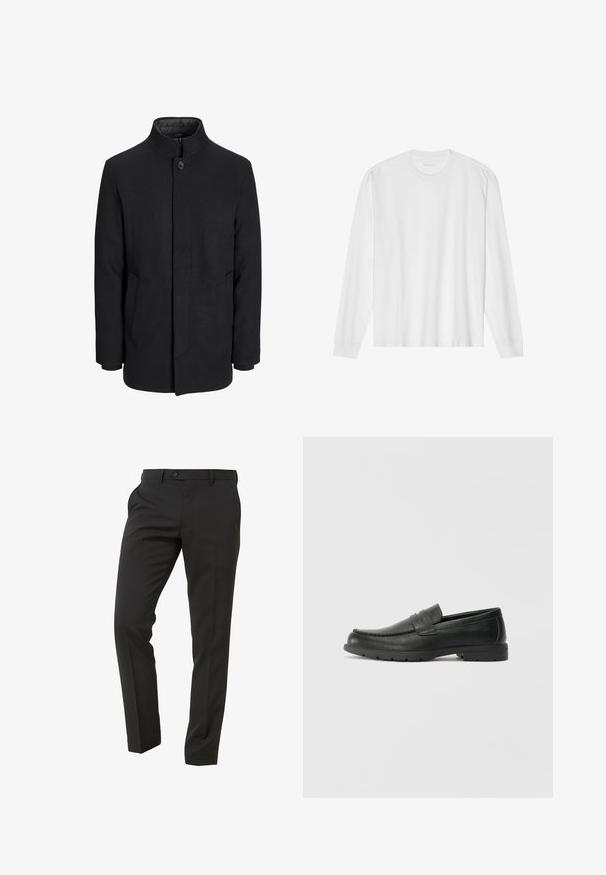Férfi fekete gyapjú kabát magas gallérral, rejtett cipzárral, egy gombos záródással és oldalzsebekkel.; Hosszú ujjú fehér pamut póló, kerek nyakkivágással és bordázott mandzsettákkal. Egyszerű, díszítés nélküli dizájn, sima tapintással és normál fazonnal.; Next Trousers - Suit Trousers Slim Fit - Öltönynadrág - mottled black; Fekete bőr mokaszinok sima felülettel, a mokaszin stílusú felsőrésszel, varrott részletezéssel és gumitalppal. Klasszikus dizájn alacsony sarokkal.