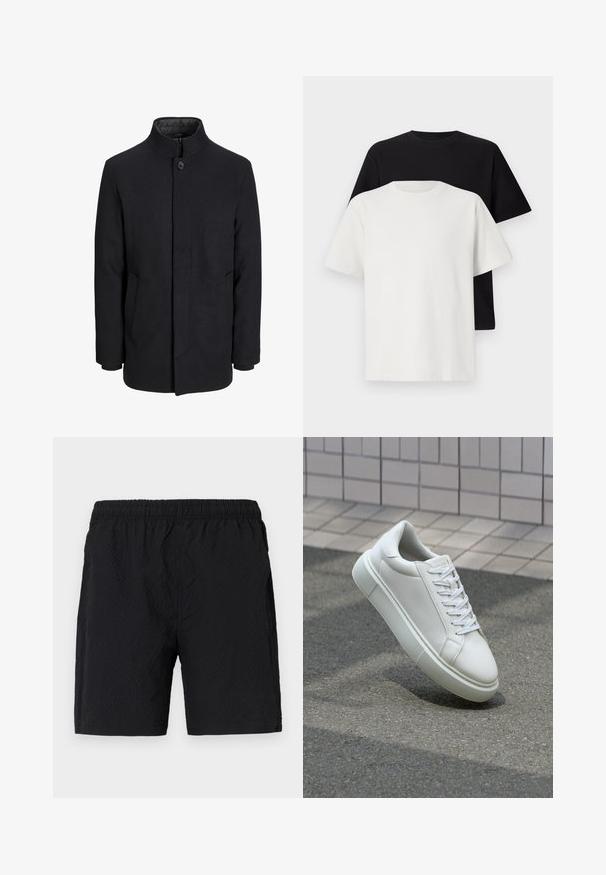 Vīriešu melns vilnas mētelis ar augstu apkakli, slēptu rāvējslēdžu, vienu pogu aizdari un sānu kabatām.; Kokvilnas T-kreklu komplekts, kas sastāv no melna un baltā T-krekla, abi ar īsām piedurknēm, apaļu kakla izgriezumu un standarta piegriezumu. Faktūras audums.; Melnas peldbikses, izgatavotas no teksturētas auduma, ar elastīgu jostu un sānu kabatām, vaļēja piegriezuma dizains.; Baltas ādas sporta apavi ar gludu virsmu, apaļu pirkstu un plakanām baltām šņorēm. Iezīmējas ar strukturētu gumijas zoli un minimālisma dizaina elementiem.
