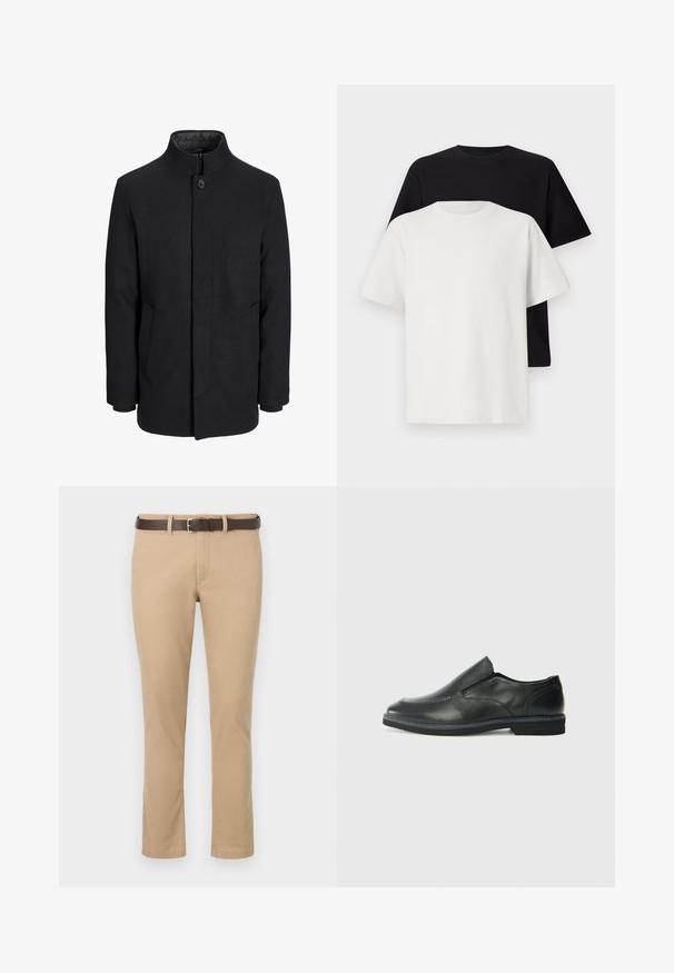 Abrigo de lana negro para hombre con cuello alto, cremallera oculta, cierre de un botón y bolsillos laterales.; Conjunto de camisetas de algodón que incluye una camiseta negra y una blanca, ambas con mangas cortas, escote redondo y corte estándar. Tejido texturizado.; Pantalones caqui de corte recto, fabricados en algodón, con un cinturón de cuero marrón y una hebilla de plata. Textura suave, sin patrones.; Zapato negro de cuero sin cordones con un upper suave, detalles de costura, punta redonda y un bajo tacón de goma. La suela presenta una tracción mínima.