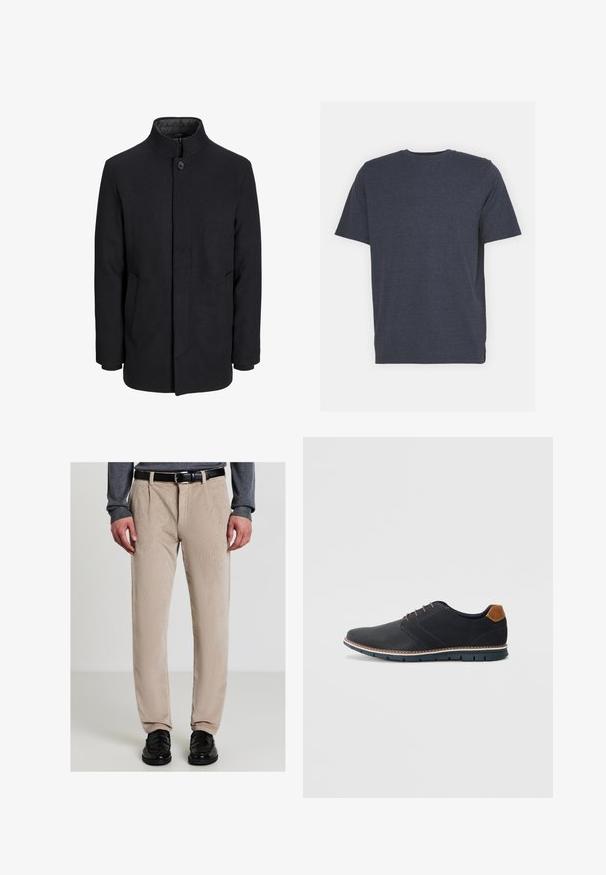 Herren schwarzer Wollmantel mit hohem Kragen, verdecktem Reißverschluss, einreihigem Knopfverschluss und Seitentaschen.; Marineblaue Rundhals-T-Shirt aus weichem Baumwollmischgewebe, mit kurzen Ärmeln und normaler Passform. Keine sichtbaren Muster oder Akzente.; Mann, der beige Cordhosen, einen schwarzen Gürtel, einen grauen Pullover und schwarze Leder-slipper trägt und vor einem schlichten Hintergrund steht.; Schwarze synthetische Schuhe mit einer strukturierten Oberseite, glatten Akzenten, braunem Absatz und einer kontrastierenden Sohle. Verfügt über minimale Schnürung und Nähdetails.