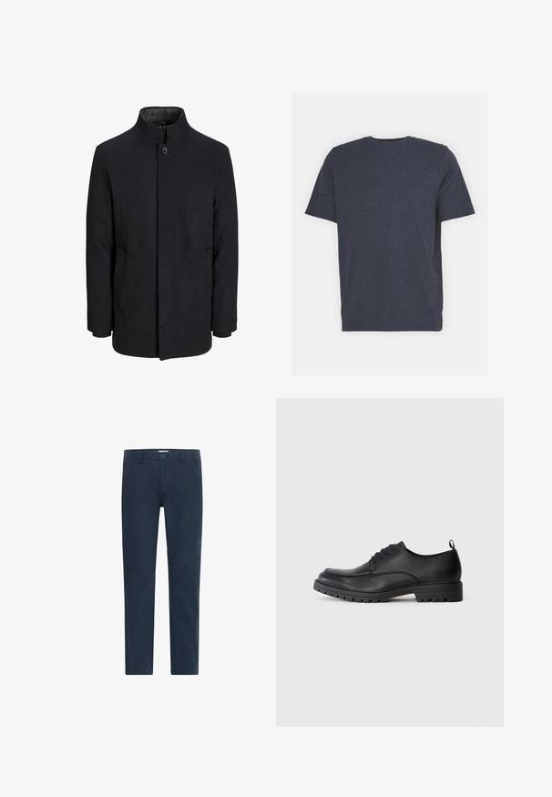 Men's black wool coat with high collar, concealed zipper, single button closure, and side pockets.; Navy blue crew neck t-shirt made of soft cotton blend fabric, with short sleeves and a regular fit. No visible patterns or accents.; Navy blue chinos made of cotton blend fabric, featuring a button closure, straight legs, and a smooth texture without patterns or accents.; Black leather dress shoe with a smooth texture, rounded toe, lace-up front, and sturdy rubber sole featuring a treaded pattern.