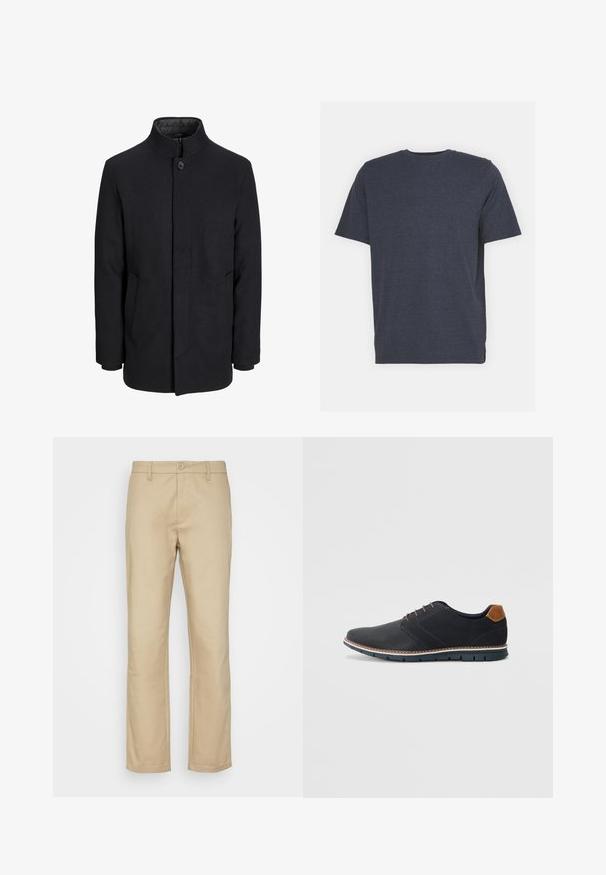 Men's black wool coat with high collar, concealed zipper, single button closure, and side pockets.; Navy blue crew neck t-shirt made of soft cotton blend fabric, with short sleeves and a regular fit. No visible patterns or accents.; Beige chinos, straight-leg design, cotton blend fabric, front button closure, belt loops, and hemmed cuffs. No visible patterns or accents.; Black synthetic shoes with a textured upper, smooth accents, brown heel, and a contrasting sole. Features minimal lacing and stitch details.