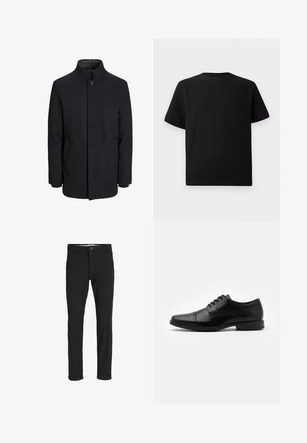 Pánsky čierny vlnový kabát s vysokým golierom, skrytým zipsom, jedným gombíkom a bočnými vreckami.; Čierne tričko s krátkym rukávom vyrobené z textúrovanej látky, s okrúhlym výstrihom a voľným strihom. Jednoduché, bez vzorov alebo akcentov.; Čierne nohavice z bavlneného zmesi so štíhlym strihom, s gombíkovým zapínaním, vreckami a založenými manžetami pre ležérny vzhľad.; Čierne kožené spoločenské topánky s špicatou špičkou, viazaním, jemnými švy a nízkou, textúrovanou gumovou podrážkou.