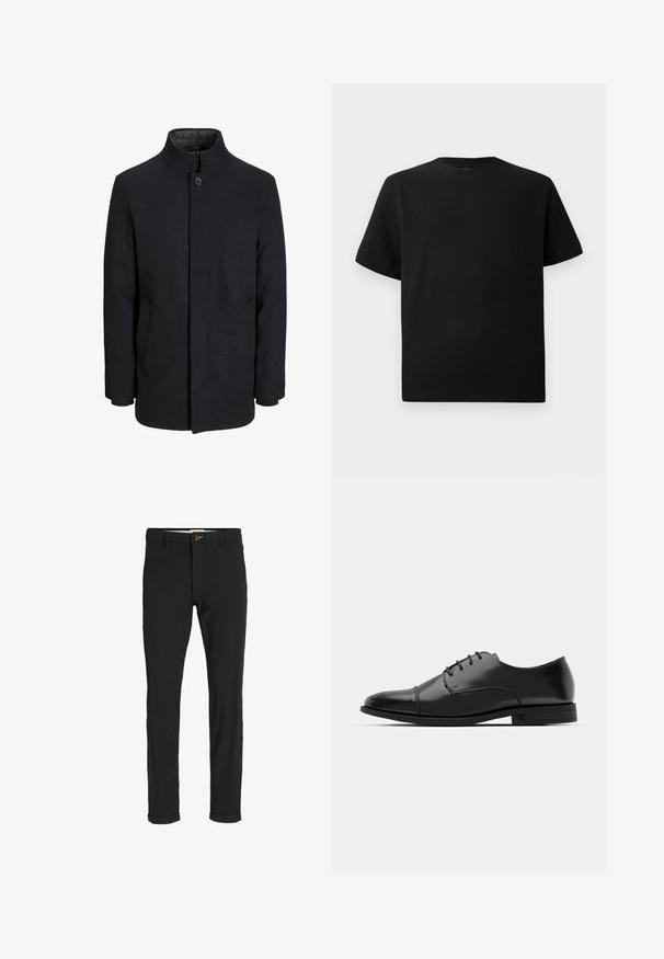 Męski czarny wełniany płaszcz z wysokim kołnierzem, ukrytym zamek błyskawicznym, zapięciem na jeden guzik oraz bocznymi kieszeniami.; Czarna koszulka z krótkim rękawem, wykonana z teksturowanej tkaniny, z okrągłym dekoltem i luźnym krojem. Prosta, bez wzorów i akcentów.; Czarne spodnie z bawełnianego materiału w slim fit, z zapięciem na guzik, kieszeniami i podwiniętymi mankietami, co nadaje im swobodny charakter.; Czarne skórzane buty do garnituru z okrągłym noskiem, sznurowanym zapięciem, subtelnymi detalami przeszycia oraz niskim obcasem. Gładka faktura z polerowanym wykończeniem.