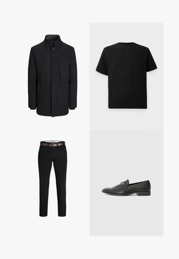 Zwart wollen mannenjas met hoge kraag, verborgen rits, sluiting met één knop en zijzakken.; Zwarte T-shirt met korte mouwen van gemerceriseerd stof, met een ronde halslijn en een relaxte pasvorm. Eenvoudig, zonder patronen of accenten.; Zwarte katoenbroek met een rechte pasvorm, voorzien van een bruine leren riem en een gladde textuur. Eenvoudig ontwerp, geen zichtbare patronen of accenten.; Zwarte leren instapper met een gladde afwerking, voorzien van een gestikt ontwerp en een decoratieve metalen kettingaccent over de wreef. Platte hak.