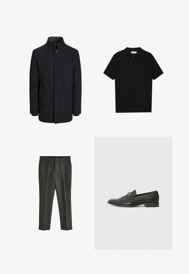 Pánsky čierny vlnový kabát s vysokým golierom, skrytým zipsom, jedným gombíkom a bočnými vreckami.; Čierna polo tričko s krátkymi rukávmi, vyrobené z textúrovaného, rebrovaného materiálu, s véčkovým výstrihom a rovnými okrajmi. Bez viditeľných log a vzorov.; Next REGULAR FIT DONEGAL - Nohavice chinos - green; Čierne kožené loafers s hladkým povrchom, s prešitým dizajnom a dekoratívnym kovovým reťazovým akcentom cez priehlavok. Plochý podpätok.