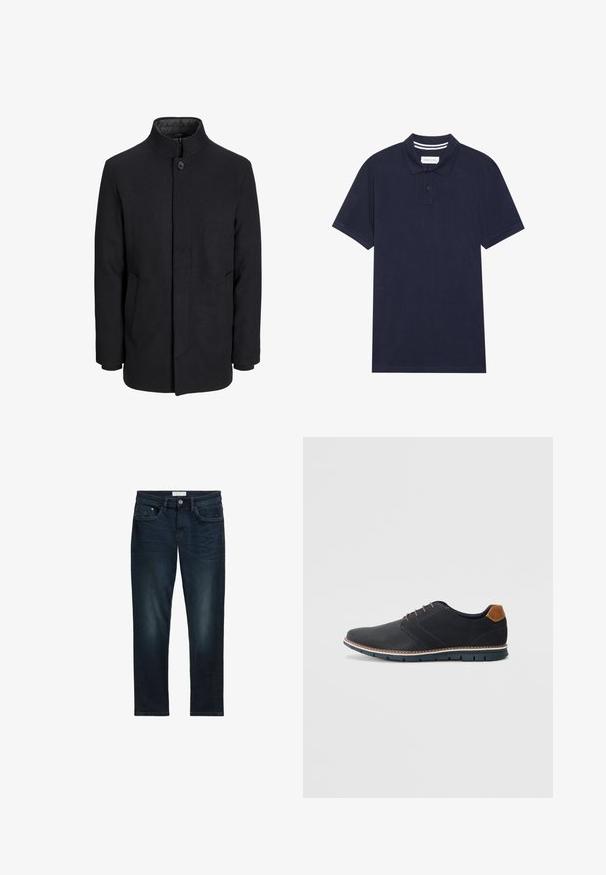 Meeste must villane mantel kõrge kraega, peidetud tõmblukk, ühe nööbiga kinnitamine ja küljetaskud.; Tumedat sinise värvi polo särk, mis on valmistatud tekstureeritud kangast, kolme nööbiga krae, lühikesed varrukad ja triibuline krae detail.; Tumed sinine denimist õhkjärkidega teksad, millel on viis taskut, nööpkinnitus ja peene kulumine ees, et lisada tekstuuri.; Mustavad sünteetilised jalatsid tekstureeritud pealsega, siledad aktsendid, pruun kand ja kontrastne tall. Omab minimaalset lukkude ja õmbluste dekoratsiooni.