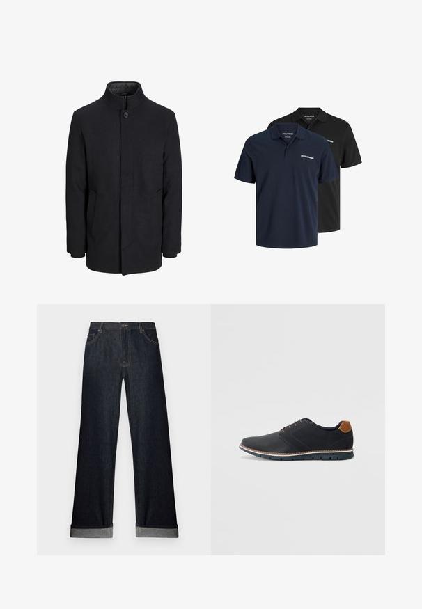 Pánsky čierny vlnový kabát s vysokým golierom, skrytým zipsom, jedným gombíkom a bočnými vreckami.; Dvoje polokošieľ: jedny námornícke s bielym logom a jedny čierne. Obe majú klasický golier a krátke rukávy, sú vyrobené z ľahkej tkaniny.; Široké nohavice z tmavého denimu s manžetami, gombíkovým zapínaním a prednými vreckami. Tkanina má hladkú textúru so jemnými stehmi.; Čierne syntetické topánky so štruktúrovaným zvrškom, hladkými akcentmi, hnedým opätkom a kontrastnou podrážkou. Majú minimálne šnurovanie a detaily prešitia.