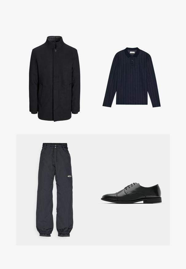 Moška črna volnena jakna z višjim ovratnikom, skritim zadrgo, enojnim gumbom za zapiranje in stranskimi žepi.; Mornarsko modra polo majica z dolgimi rokavi in ovratnikom, ki ima tanke vertikalne črte in zapenjanje na tri gumbe. Mehka tekstura blaga.; Črne vodoodporne hlače z nastavljivim pasom, elastičnimi manšetami in majhnim logotipom na stegnu; lahka tkanina.; Črne usnjene moške čevlje z zaobljenim nosom, s sistemom vezalk, diskretnimi šivi in nizkih petah. Gladka tekstura s sijočim zaključkom.