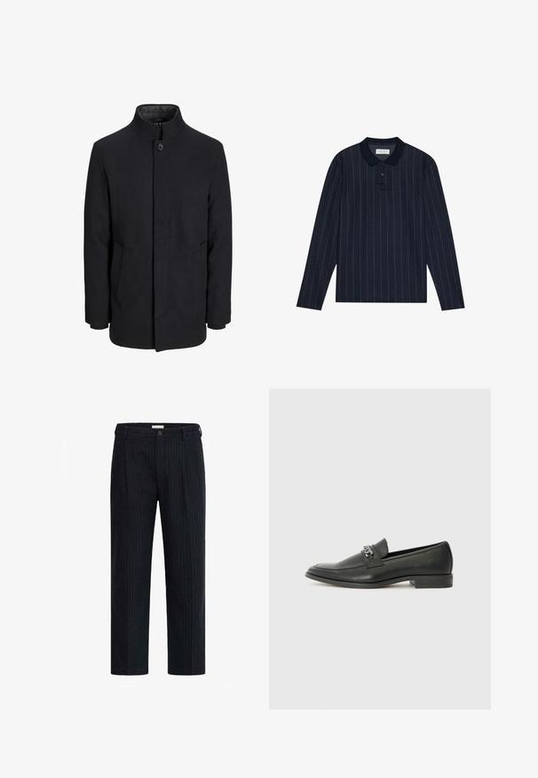 Men's black wool coat with high collar, concealed zipper, single button closure, and side pockets.; Navy long-sleeve polo shirt with a collared neckline, featuring thin vertical stripes and three-button placket. Soft fabric texture.; Dark pinstriped trousers featuring a straight-leg design, button closure, and tailored pleats, made from a textured fabric.; Black leather loafer with a smooth finish, featuring a stitched design and a decorative metal chain accent across the vamp. Flat heel.