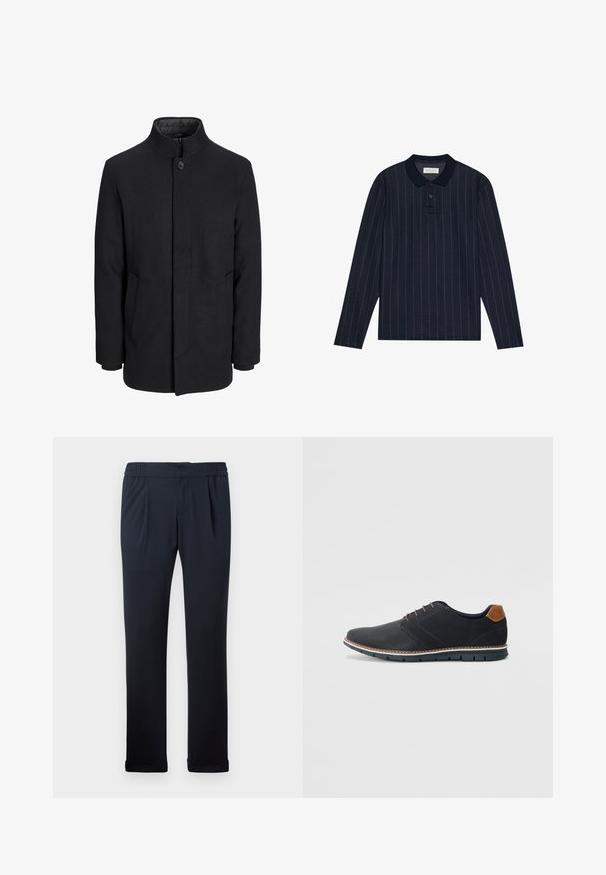 Vīriešu melns vilnas mētelis ar augstu apkakli, slēptu rāvējslēdžu, vienu pogu aizdari un sānu kabatām.; Jūras zila garo piedurknu polo krekls ar apkakles dekoltē, ar plānām vertikālām strīpām un trīs pogu aizdari. Mīkstas auduma tekstūra.; Jūras zilas bikses, izgatavotas no mīksta auduma, ar elastīgu jostu, priekšā ar plišiem un ar piegrieztiem malām. Gluda tekstūra, minimālisma dizains.; Melni sintētiskie apavi ar struktūru augšdaļā, gludu akcentu, brūnu papēdi un kontrastējošu zoli. Iezīmē minimālu šņorēšanu un šuvju detaļas.